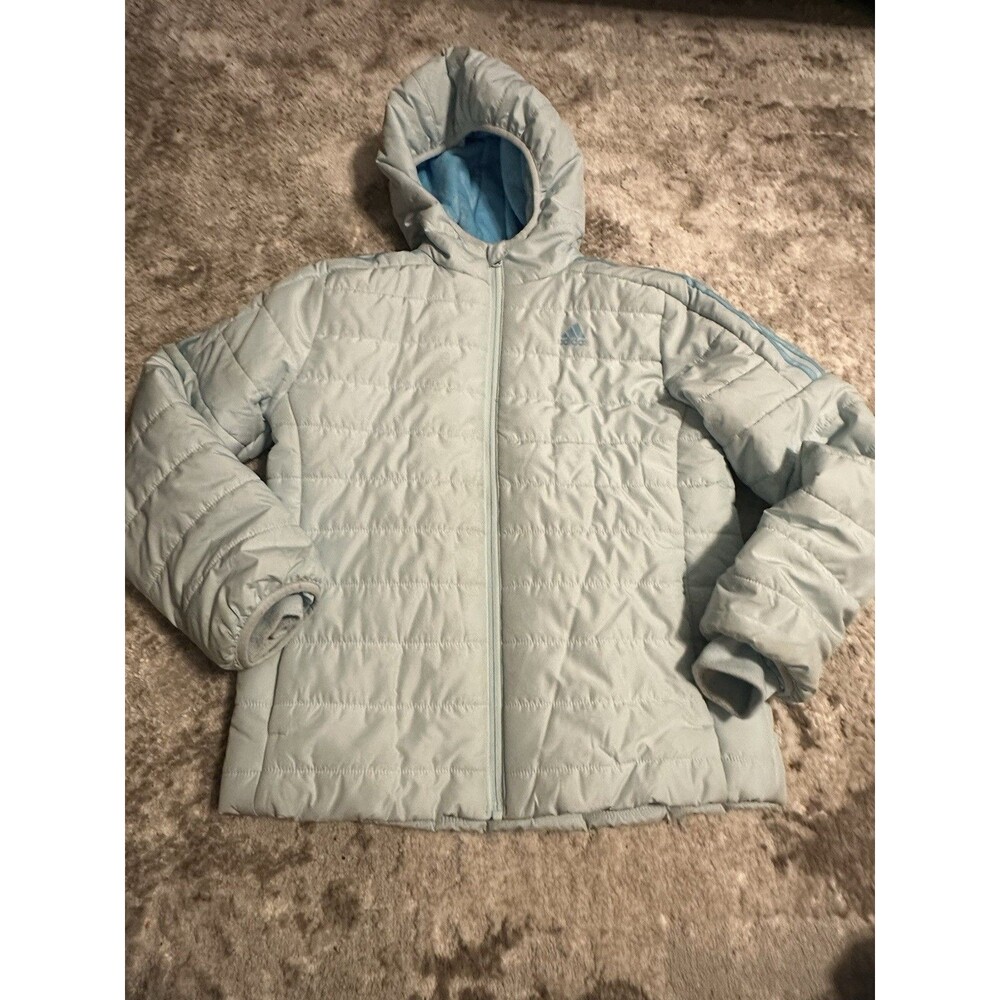 Adidas Puffer Jacket Girls Youth Large Baby Blue Hooded Full Zip C14